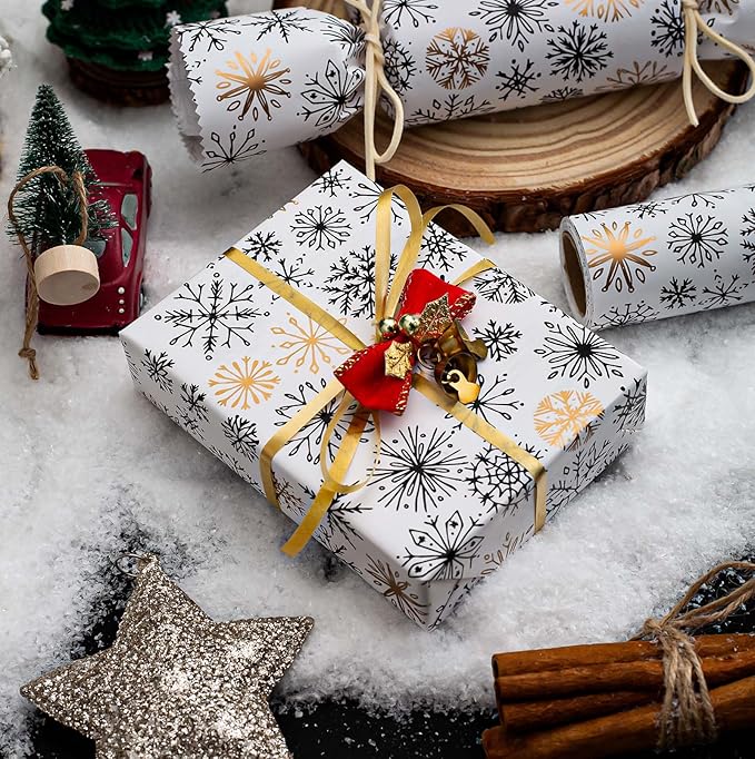 MAYPLUSS Christmas Gift Wrapping Paper Roll - 17 Inch X 33 Feet - Minimalistic Elegant Snowflake Flurry with Gold Design Winter Holiday Gift Wrap Sheet for Party, DIY Crafts & Festive Decoration