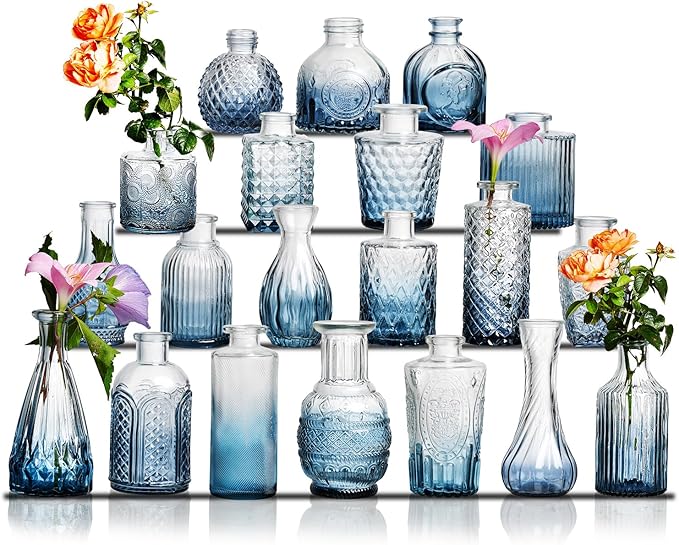 Glass Bud Vase Set of 20 - Small Vases for Flowers in Bulk - Assorted Vintage Crystal Vases for Flowers, Table Centerpieces (Blue, 20 Pcs)