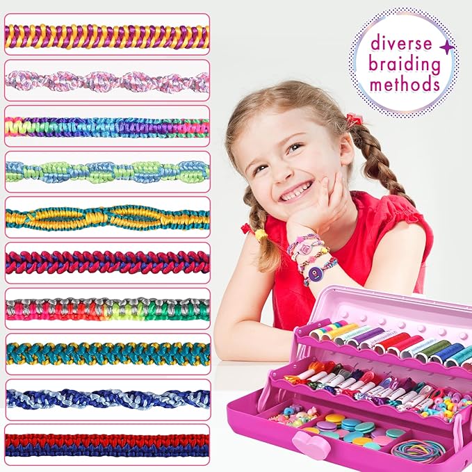 Friendship Bracelet Making Kit with Storage Box,DIY String Bracelet Arts and Craft for Girls Aged 8-12,Kids' Travel Activity Toy Set,Easter Birthday Gifts for Ages 6 7 8 9 10 11 12 Year Old Rose