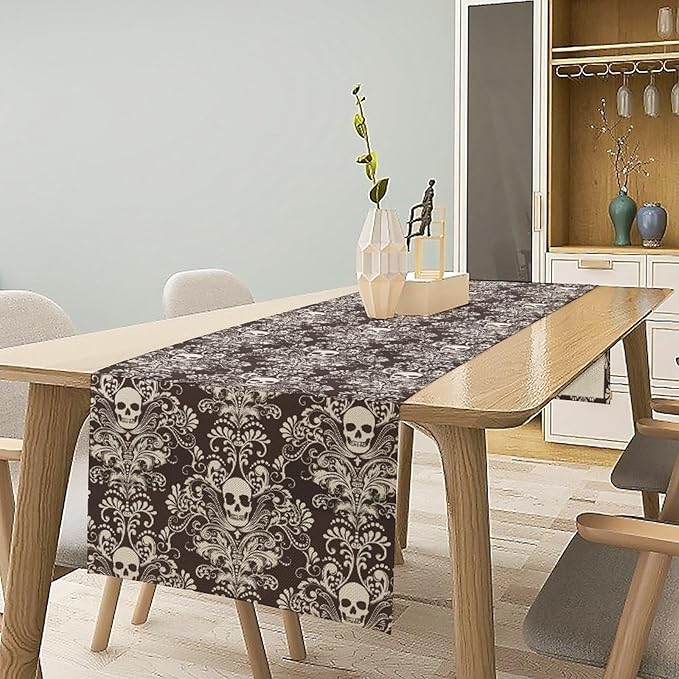Gothic Table Runner,Damask Skull Victorian Black Floral Boho Table Runner for Home Kitchen Table Dining Garden Farmhouse Wedding Party Decor 13x60 Inch