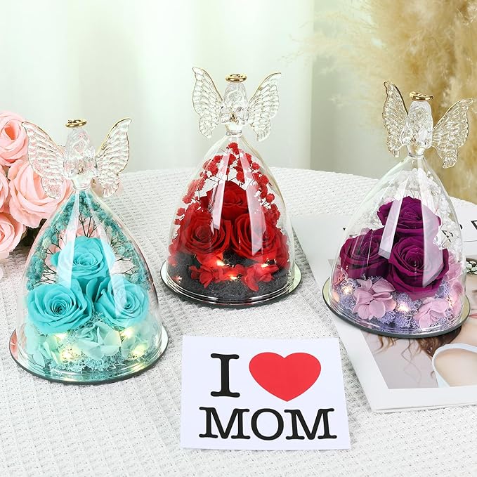 Mothers Day Rose Gifts for Women, Large Angel Figurines with Real Roses, Preserved Real Flower Rose for Her,Full Purple