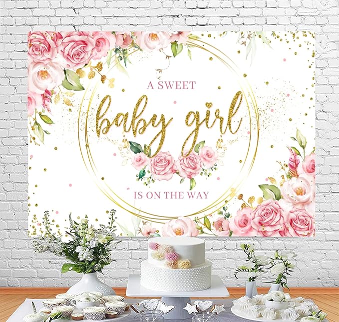 Sensfun Glitter Gold Pink Floral Baby Girl Baby Shower Backdrop Banner Decorations,Watercolor Flower Its a Sweet Baby Girls Baby Shower Party Decor Photography Background Photo Booth Shoot Props 7x5ft