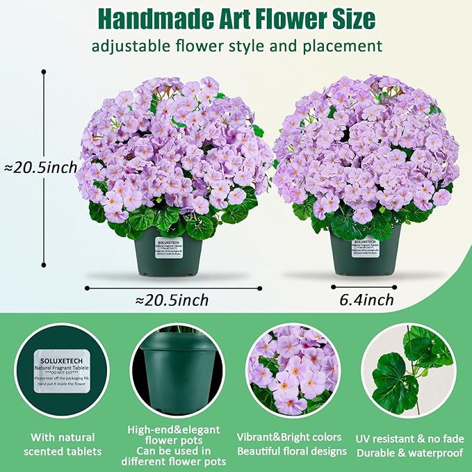 Artificial Handmade Geraniums With Flowers Scent Pots White Pink Purple Lavender Lifelike Faux Geraniums Bushes Fake Flowers for Wedding Party Home Office Indoor outdoor Plants Decor (Light Purple)