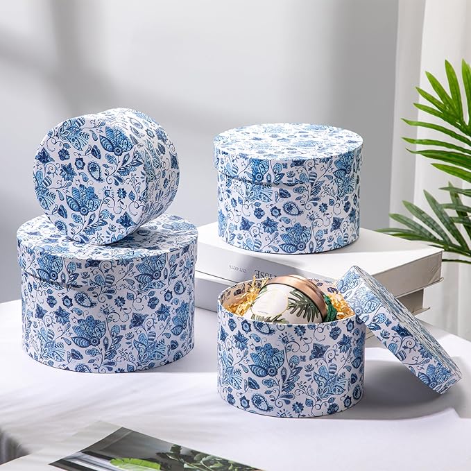 Briful Round Gift Boxes with Lids 4PCS Blue Flower Print Gift Box for Presents Nesting Assorted Sizes Present Boxes for Christmas Birthday Valentines Party Gift Wrap