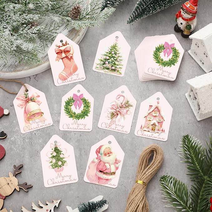 200 Pcs Christmas Gift Tags with String Christmas Natural Holiday Gift Name Tags to Personalize Xmas Presents Gifts Decoration for DIY Wrapping Crafts Party Favors(Bow)