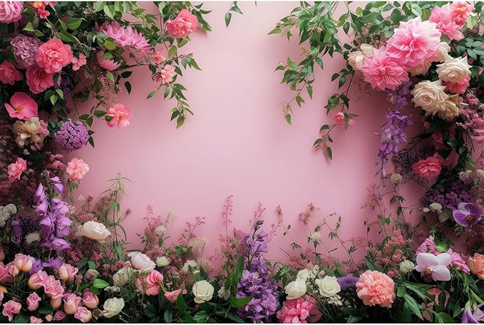 Flowers Photography Backdrop Colorful Flowers Composition Green Leaves on Pink Background for Girls Kids Children Wall Banner Cake Table Decoration Video Studio Photo Portrait Props 8x6ft