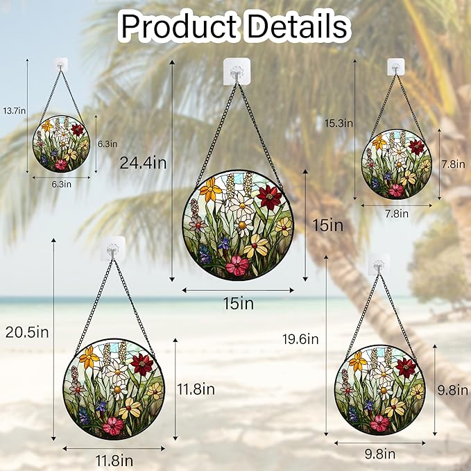 Stained Glass Window Hanging, Colorful Wildflowers Plant Scenery Suncatcher for Doors Window Home White Green Sun Catchers Decor Mother's Day Birthday Gifts for Women, Men Mom 15 in