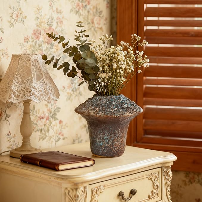 Ceramic Flower Vase Home Decor-4.4" Small Decorative Terracotta Vases Vintage Living Room, Kitchen Bedroom Decorations for House Book Shelf Office Coffee Desk Dining Fireplace