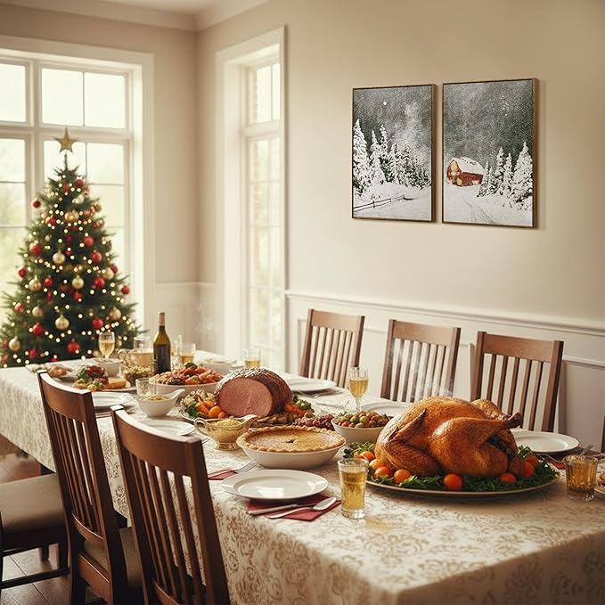 ArtbyHannah Framed Christmas Canvas Wall Art Decor Set of 2, Large Xmas Pictures Prints Paintings for Living Room Bedroom, Winter Holiday Home Indoor Decorations with Red House and Tree (16x24 Inch)