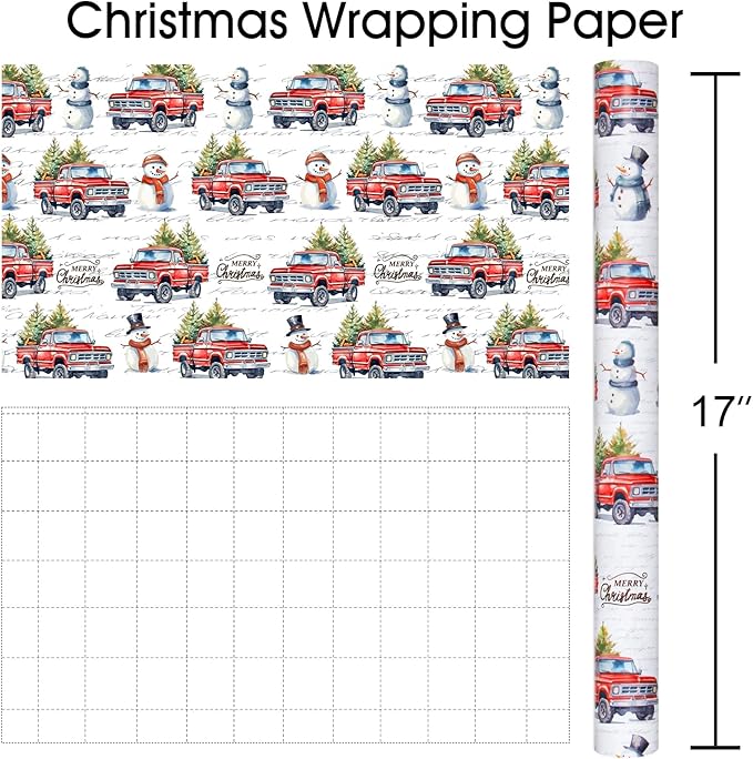 MAYPLUSS Christmas Wrapping Paper Roll - 17 In x 33 Feet - Cute Watercolor Christmas Tree Truck Snowman Gift Wrap Paper for New Year, Holiday, Kids