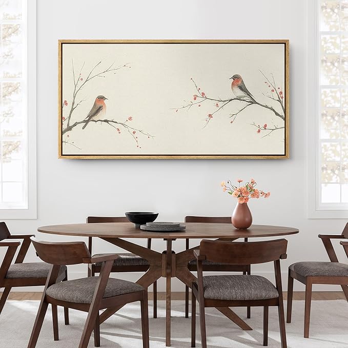 SIGNFORD Extra Large Framed Canvas Print Wall Art Minimalist Birds on Branches with Red Berries Illustrations Modern Art Relax/Calm Warm for Living Room, Bedroom, Office - 60"x30"
