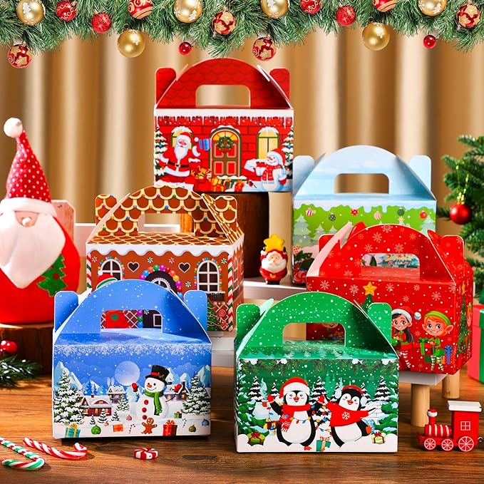 24 Pcs Christmas Treat Boxes Candy Goodie Cookie Gingerbread House Snowman Snowflake Christmas Party Favor Box Containers for Winter Holiday Party Favor Supplies