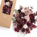 Ling's moment Fake Flowers Box, Faux Artificial Greenery Stems Foam Roses Dahlia Silk Peonies Eucalyptus Fabic Flower for Centerpieces Bouquet Wedding Vase, Dusty Rose & Burgundy, Deluxe Combo