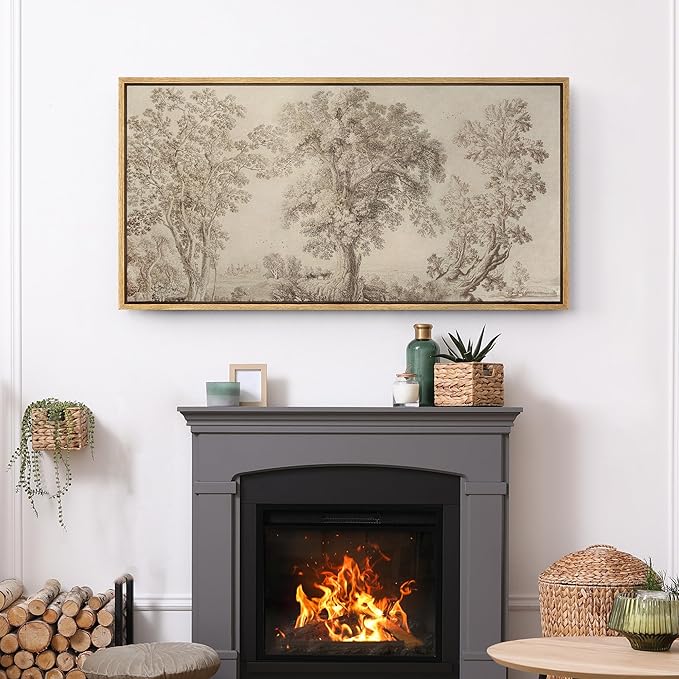SIGNFORD Extra Large Framed Canvas Print Wall Art Vintage Arboreal Trees in an Etching Illustrations Modern Art Relax/Calm Warm for Living Room, Bedroom, Office - 60"x30"