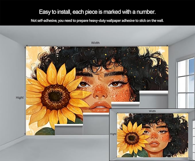 KIREUPA Sunflower Woman Art Wall Mural, Curly Hair Girl with Sunflower 3d Wall Murals, Modern Portrait and Flower Wallpaper Mural, for Living Room Bedroom Large Wallpaper Indoor Decor 98.4" W x68.9 H