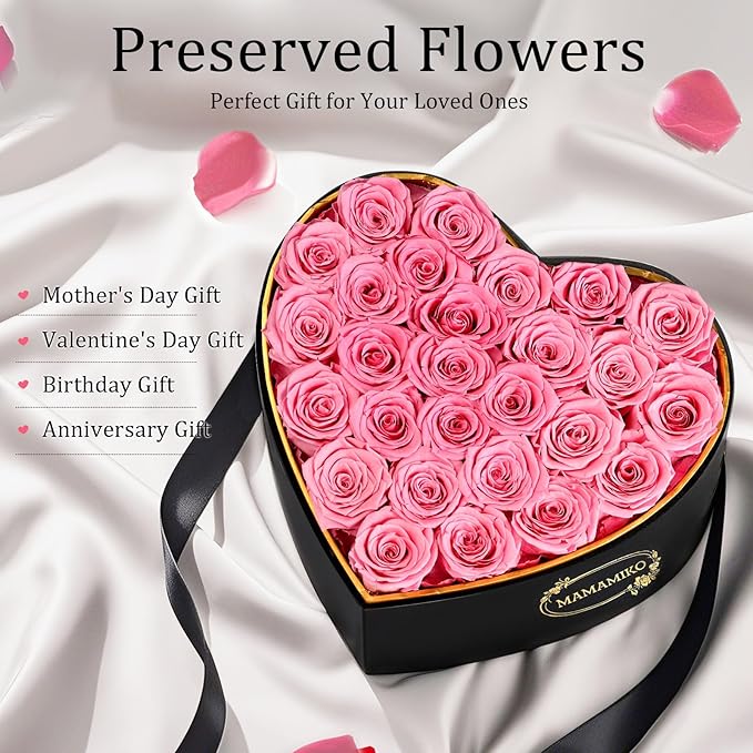27 Preserved Roses in Heart Shape Gift Box for Her - Forever Flowers for Delivery, Eternal Rose Mothers Gifts for Mom, Wife Anniversary Birthday Gifts for Women, Pink