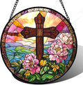 Christian Gifts for Women - Cross Stained Glass Window Hanging Jesus Easter Pink Flower Peony Sun Catcher Garden Religion Decor Mother's Day Catholic Gift for Men Grandma Mom Her Nana 15"