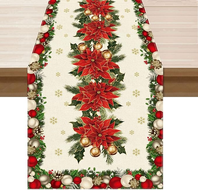 XCHI Christmas Poinsettias Leaves Bells Snowflakes Winter Xmas Table Runner Table Decoration for Home Kitchen Dining Holiday Decor 13x36 Inch