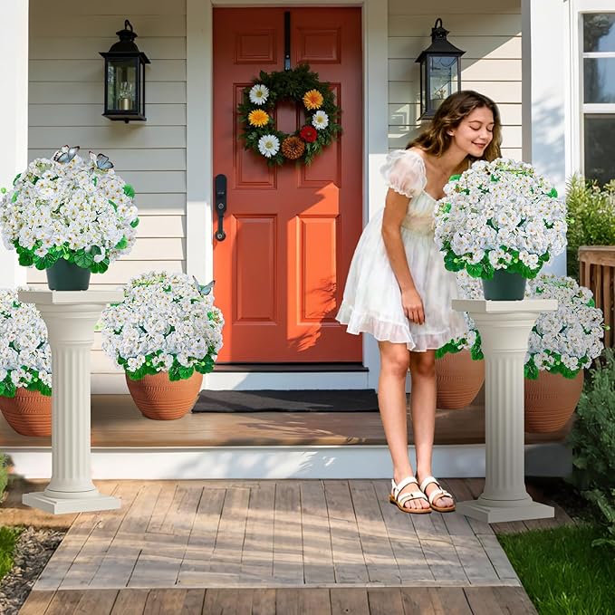 Artificial Handmade Geraniums With Flowers Scent Pots White Pink Purple Lavender Lifelike Faux Geraniums Bushes Fake Flowers for Wedding Party Home Office Indoor outdoor Plants Decor (White)