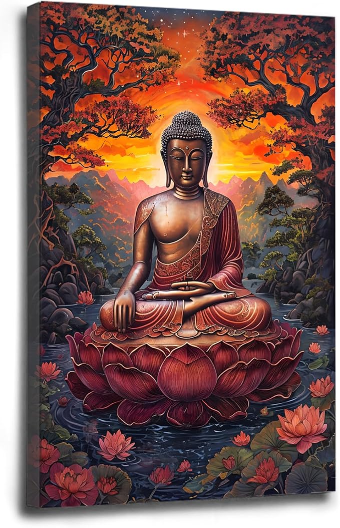Golden Buddha on lotus seat serene meditation statue amidst lush trees flowing water and sunrise light spiritual home art for a tranquil decor 12x18in Wood Framed