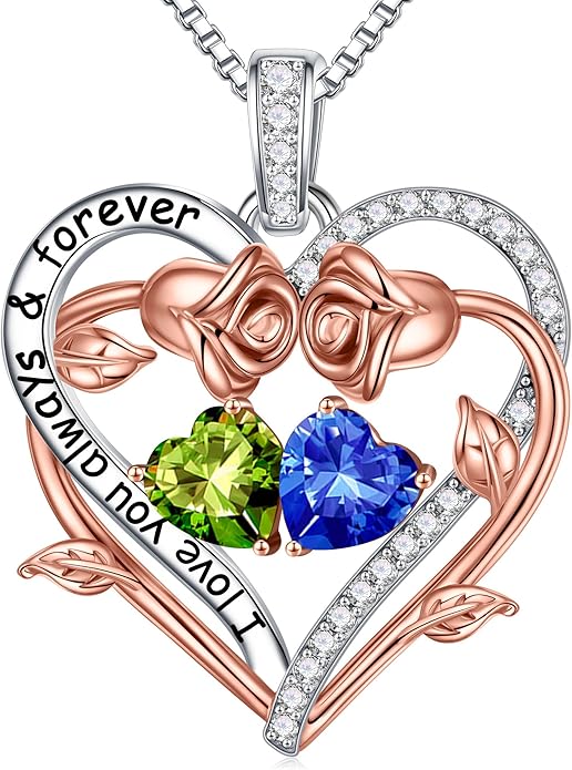 Iefil Rose Heart Double Birthstone Necklace Gifts for Wife Her Mom Women, Birthstone Jewelry Gemstone Birthday Gifts for Girlfriend Grandma Her Wife Women