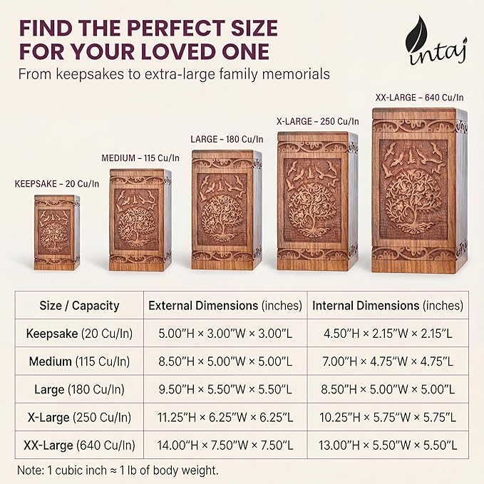 INTAJ Handcarved Wooden Cremation Urn for Human Ashes - Tree of Life Design, 250 lbs Capacity, Suitable for Adult Men and Women - Decorative Funeral Urn Box and Casket - Wooden Carved Box