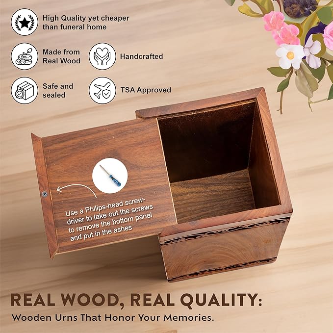 INTAJ Handcarved Wooden Cremation Urn for Human Ashes - Tree of Life Design, 180 lbs Capacity, Suitable for Adult Men and Women - Decorative Funeral Urn Box and Casket - Wooden Carved Box