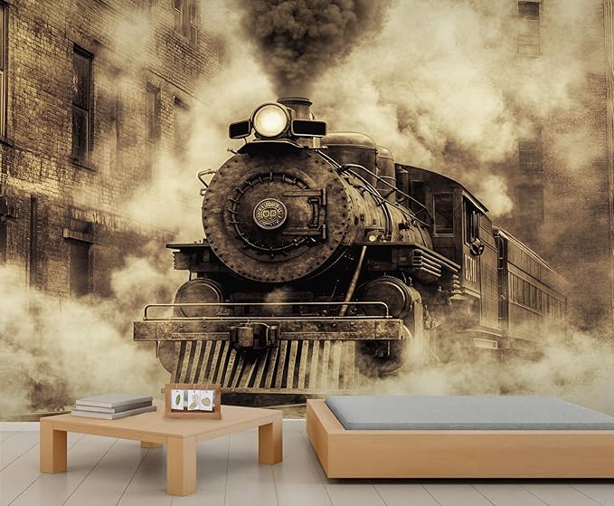 Vintage Steam Train Wall Mural, Industrial Train Engine 3D Wall Murals, Retro Railway Steam Engine Wallpaper Mural, for Living Room Bedroom Large Wallpaper Indoor Decor 137.8" W x100 H