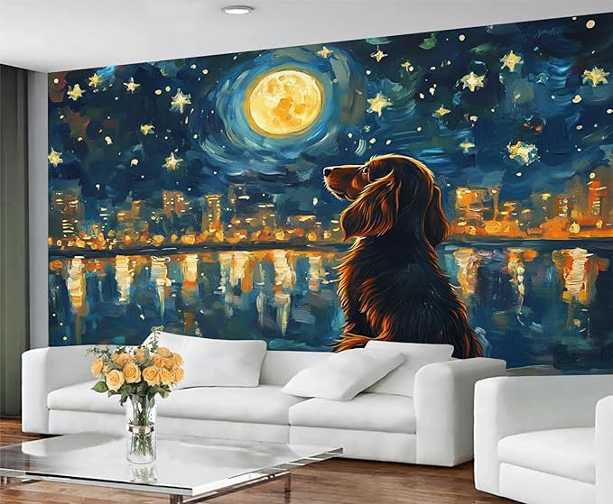 KIREUPA Dog and Moon Night Sky Wall Mural, Starry Night Cityscape 3d Wall Murals, Nighttime Dog Reflection Wallpaper Mural, for Living Room Bedroom Large Wallpaper Indoor Decor 59" W x39.4 H