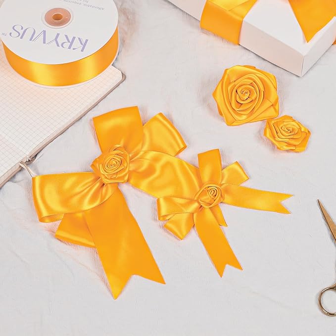 Yellow Gold Satin Ribbon, Double Faced 7/8 Inch X 50 Yards Yellow Gold Ribbon, Premium Satin Ribbon for Gift Wrapping, Crafts, Hair Bow Making, Sewing, Flower Bouquet, Wedding Party Decor