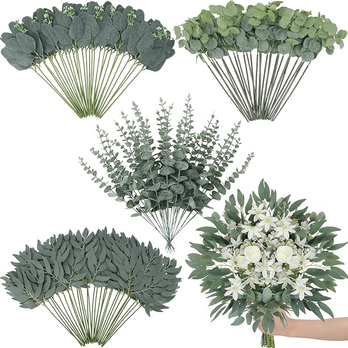 120 Pcs Artificial Eucalyptus Stems, 4 Kinds Mixed Faux Greenery Stems Fake Silver Dollar Eucalyptus Leaves Bundle for DIY Bouquets Centerpiece Spring Floral Arrangement Wreath Home Wedding Decor