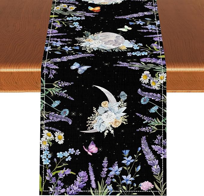 Boho Floral Table Runner, Spring Gothic Moon Phase Wildflower Mystical Witchy Farmhouse Coffee Table Center Decor for Home Kitchen Dining Patio Holiday Party Table Decorations 13x72 inches