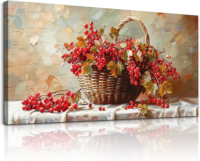hyidecorart Rustic Dining Room Artwork For Walls Large Canvas Print Wall Art Still Life Bamboo Basket And Fruit Vintage Wall Decor Pictures For Living Room Farmhouse Kitchen Bar Office Posters 24x48