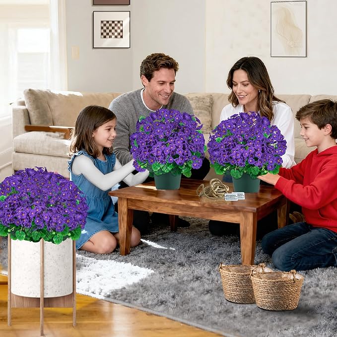 Artificial Handmade Geraniums With Flowers Scent Pots White Pink Purple Lavender Lifelike Faux Geraniums Bushes Fake Flowers for Wedding Party Home Office Indoor outdoor Plants Decor (Lavender color)