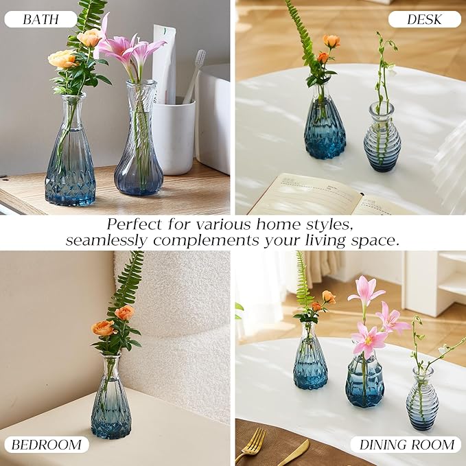 Glass Bud Vase Set of 20 - Small Vases for Flowers in Bulk - Assorted Vintage Crystal Vases for Flowers, Table Centerpieces (Blue, 20 Pcs)