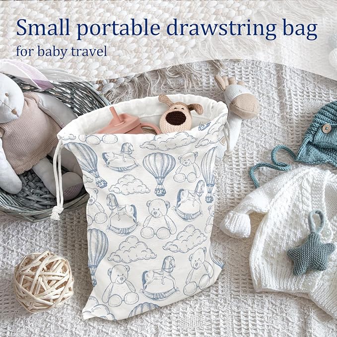 DSHFG Light Blue Chinoiserie Birthday Drawstring Gift Wrap Bags, Cute Chinoiserie Toy Bear Baby Shower Drawstring Gift Bags Canvas, Blue and White Small Happy Birthday Bag, 10x13 Inch