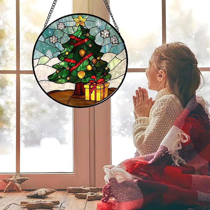 Stained Glass Window Hanging Green Christmas Tree Snowflake 6.3" - Suncatcher Door Garden Sun Catcher Xmas Holiday Decor Birthday for Mom Men Woman Friend Nana