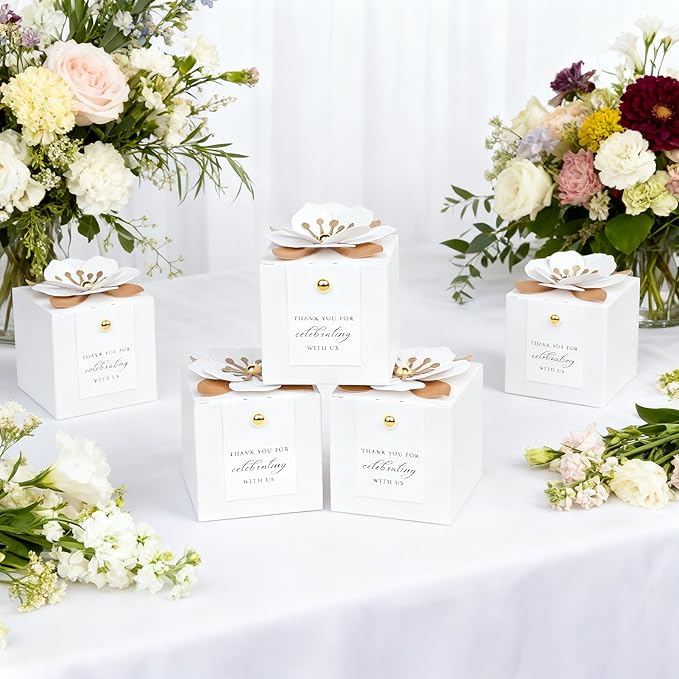 FEIYI 20 PCS Candy Boxes, 3 In 1 White Favor Boxes With Floral Decor, White Thank You Tags Gift Wrapping For Wedding Birthday Baby Shower Decorations Party -2.55x2.55x2.55''