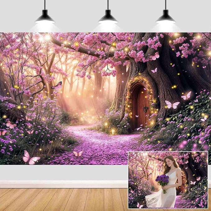 12X10ft Enchanted Forest Backdrop Fairy Tale Purple Garden Wonderland Tree House Floral Background for Kids Girl Baby Shower Birthday Party Decoration Banner Cake Table Photo Booth Props