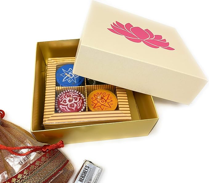 Lotus Printed White Sweet Boxes for Indian Sweets, Cookies, Goodies, Mithai, Candy, Gift Boxes with Lids Bulk, Handmade Bulk Mithai Box, Favor Boxes for Wedding, 2.95x5.51 Inch (Pack of 4)