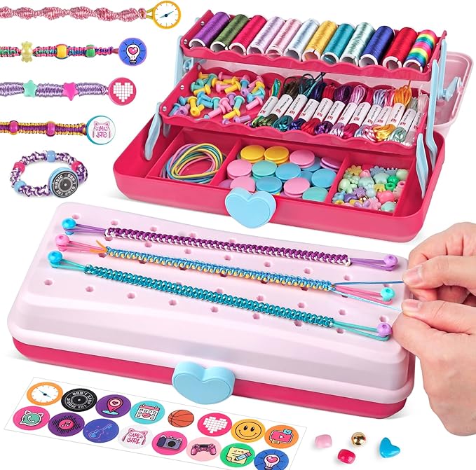 Friendship Bracelet Making Kit with Storage Box,DIY String Bracelet Arts and Craft for Girls Aged 8-12,Kids' Travel Activity Toy Set,Easter Birthday Gifts for Ages 6 7 8 9 10 11 12 Year Old Red