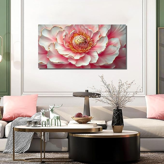 Pink & White Peony Floral Canvas Wall Art with Gold Accents, Abstract Flower Pictures for Living Room Bedroom Wall Decor, Horizontal Printed Painting Artwork Home Decorations, Size 48x24 Inches