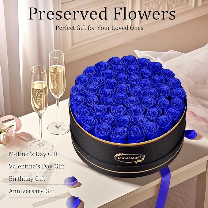 50 Preserved Roses in a Gift Box for Her - Forever Flowers for Delivery, Eternal Rose Mothers Gifts for Mom, Wife Anniversary Birthday Gifts for Women, Blue