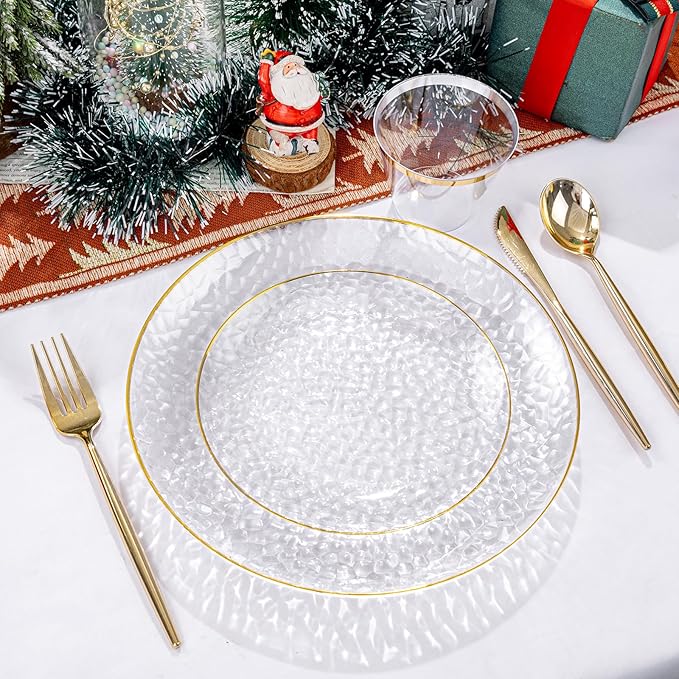 Rubtlamp 350 Pcs Clear Gold Plastic Plates, Hammered Disposable Dinnerware, Clear-Gold Plates Set Include 100 Plastic Platos, 150 Gold Disposable Silverware, 50 Cups And 50 Napkins for Christmas