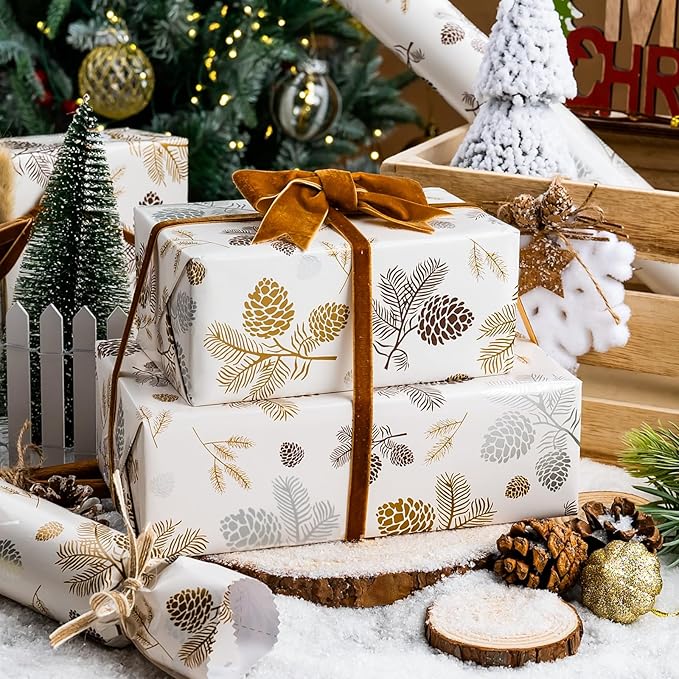 MAYPLUSS Luxury Christmas Wrapping Paper Roll - 17 Inch X 33 Feet - Beige Wrapping Paper with Gold and Silver Pine Cone, Needle Pattern Winter Motive Gift Wrap Paper for Christmas, Holiday, Birthday