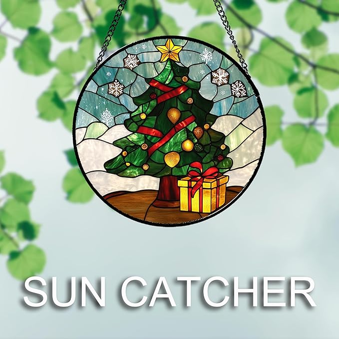 Stained Glass Window Hanging Green Christmas Tree Snowflake Large 15" - Suncatcher Door Garden Sun Catcher Xmas Holiday Decor Birthday for Mom Men Woman Friend Nana