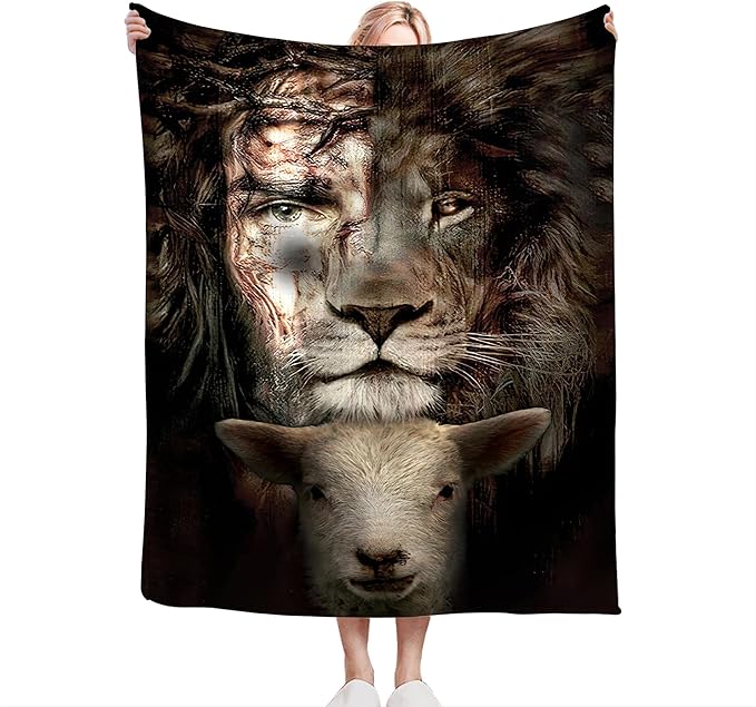 Christian Jesus Lion & Lamb Throw Blanket - Soft, Warm, Cozy Fleece for Men, Women, Adults - 50"x40"