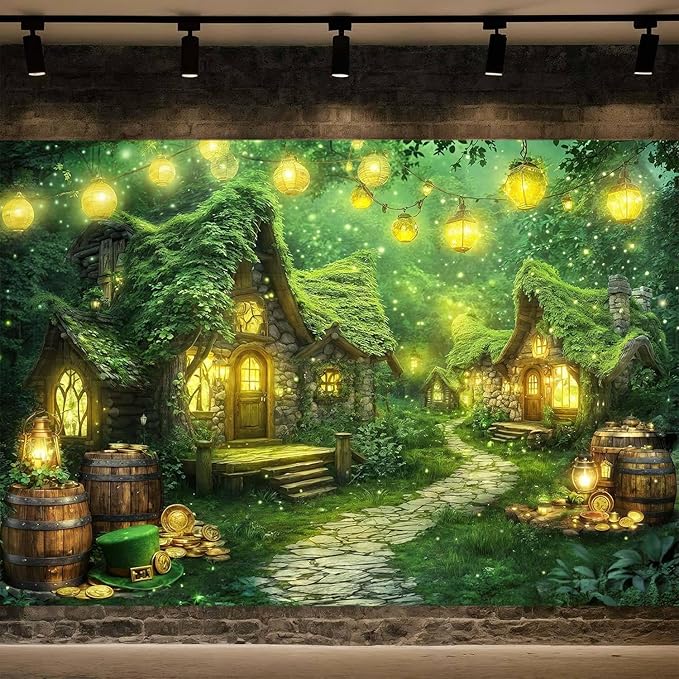 12X10ft St. Patrick's Day Backdrop Magic Enchanted Forest Green House Lucky Irish Shamrock Gold Coins Wonderland Photography Background for Kids Girls Party Decoration Cake Table Photo Booth Props