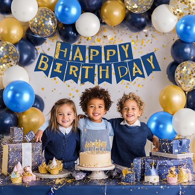Navy Blue and Gold Confetti Balloons, 50pcs 12 Inch Metallic Blue Latex Confetti Balloons Matte White Latex Balloons with 33 Feet String for Birthday Wedding Gender Revea Decorations