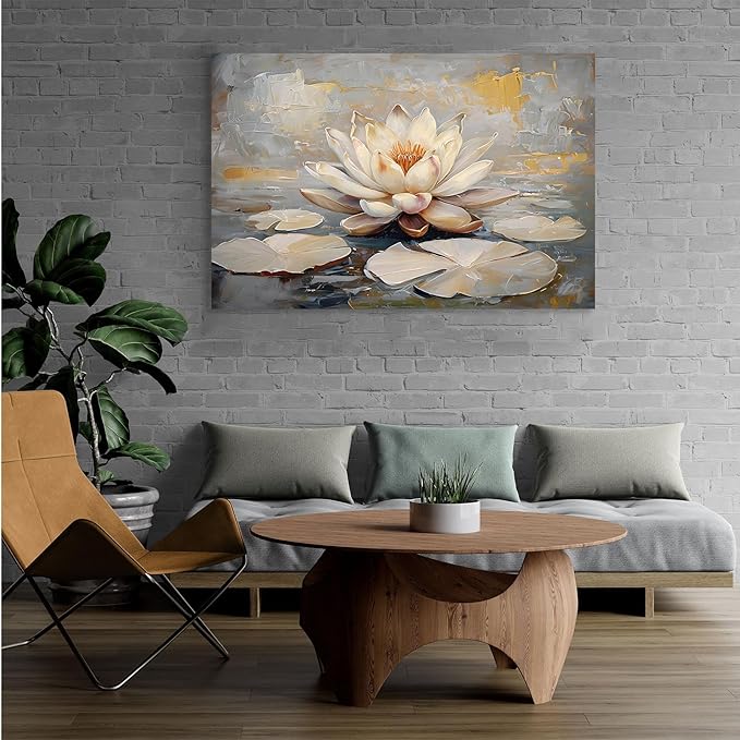 Ethereal white lotus floating on Crystal Waters poster vintage oil painting printwall art soft blush and gold accents serene home and office decor dreamy 28x40in Frameless